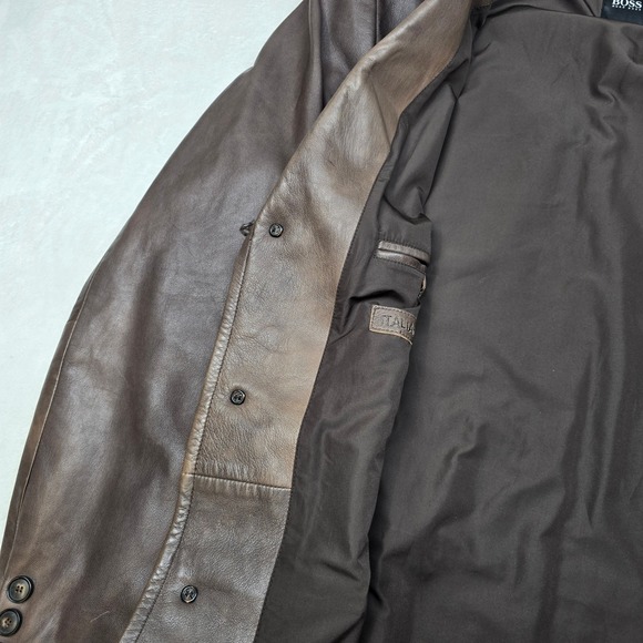 Hugo Boss Leather Blazer Jacket Mens XL 46R Brown Lamb Leather Soft! Distressed - Picture 10 of 16